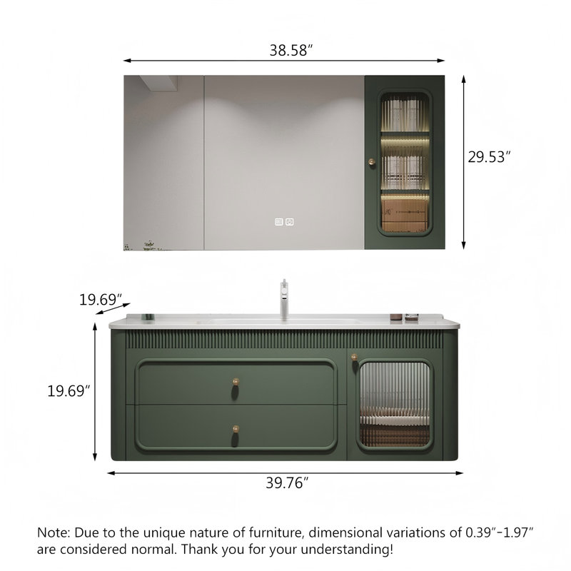 Wall Mounted Single Double Combined Vanity Unit Bathroom Vanity With Ceramic Top, H 19,69 po x l 39,76 po x P 19,69 po