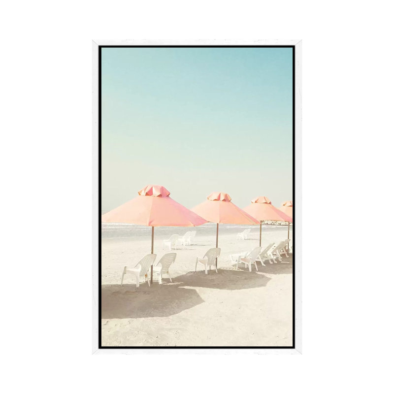 Pastel Umbrellas In The Beach by Caroline Mint - Wrapped Canvas Print, 66.04 cm H x 45.72 cm W, White Framed