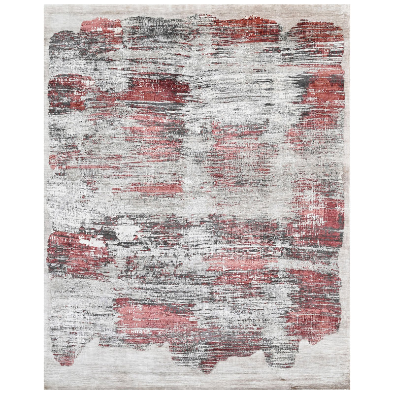 Hand Knotted Abstract Area Rug in Gray/Black/Red, Rectangle 8' x 10'