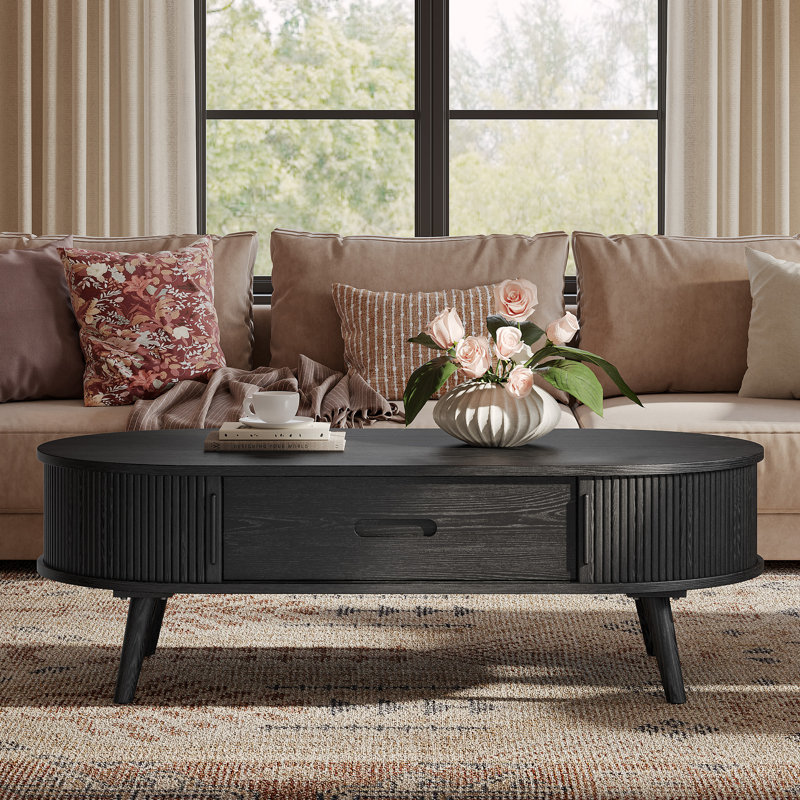 Table basse Hernest en chêne noir de 55 po avec tiroir et pieds en bois massif pour le salon, Black