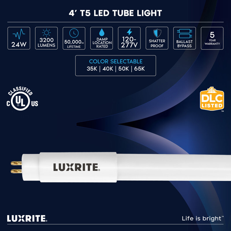 4 lumières DEL Luxrite TFT 4FT, 24W = 54W, 4CCT 3500K-6500K, 45,79 ", dérivation de ballast, 3200LM (paquet de 4)
