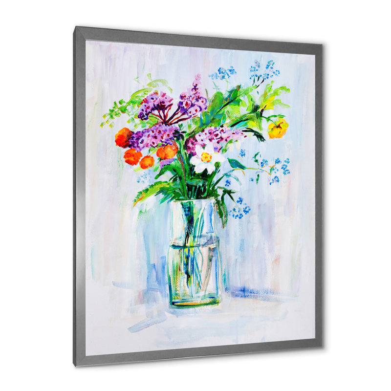 Bouquet de fleurs d'été - peinture, H 20 po x l 12 po, Cadre photo argenté