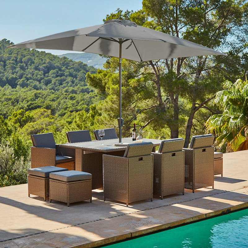 Nellwyn All Weather Wicker/Rattan 10 - Person with Cushions, Brown/Grey Umbrella