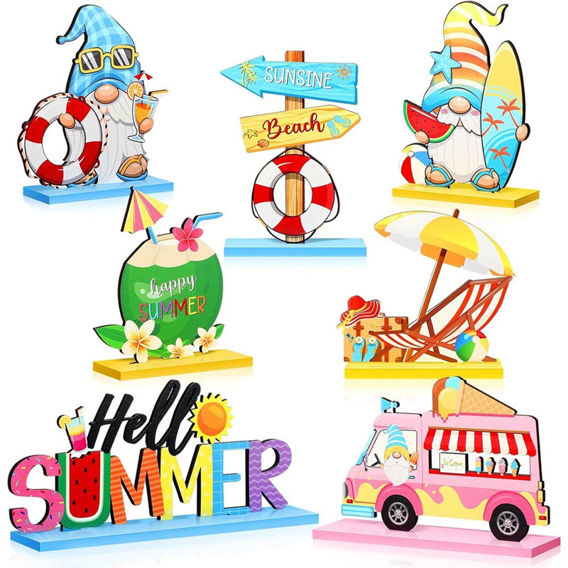 7 pièces de décorations de table Hello Summer, enseignes de centre de table en bois de gnome de plage, décor de plateau à plusieurs niveaux pour maison de campagne, cuisine, table de salle à manger, tablette, manteau de cheminée