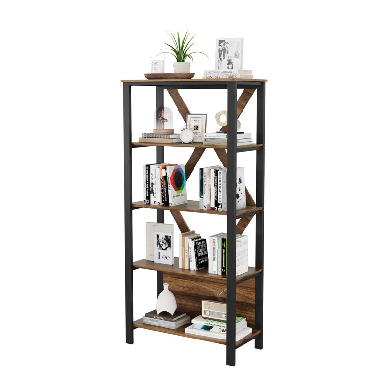 Bookshelf With LED Lights, Bookcase With Open Display Shelves, (5 Shelves) 65.6"H x 31.5"W x 15.8"D, Brown