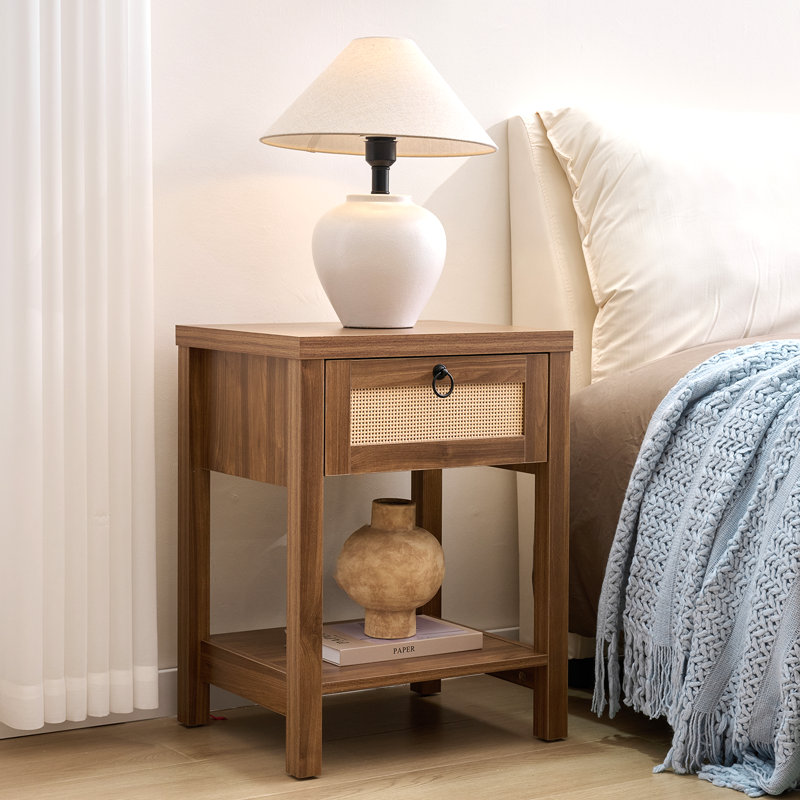 Rattan Nightstand With Drawer And Open Shelf, Boho Bedside Table, Cane Side Table For Bedroom & Living Room, Walnut, Walnut