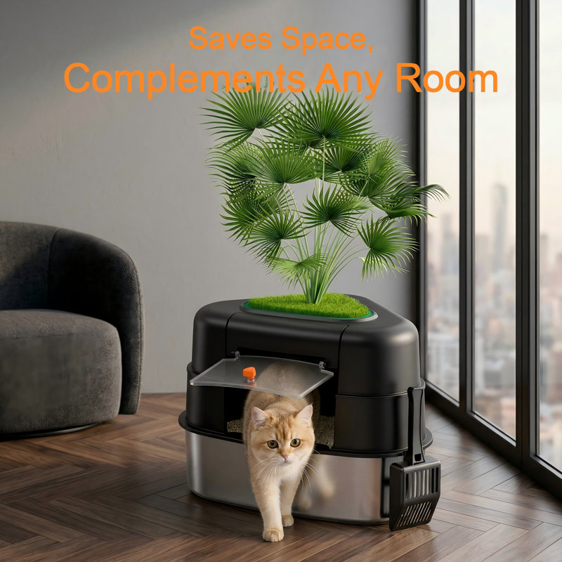 Bac à litière d'angle en acier inoxydable XXL avec couvercle, conception de plante cachée avec plante artificielle, boîte décorative pour grands chats