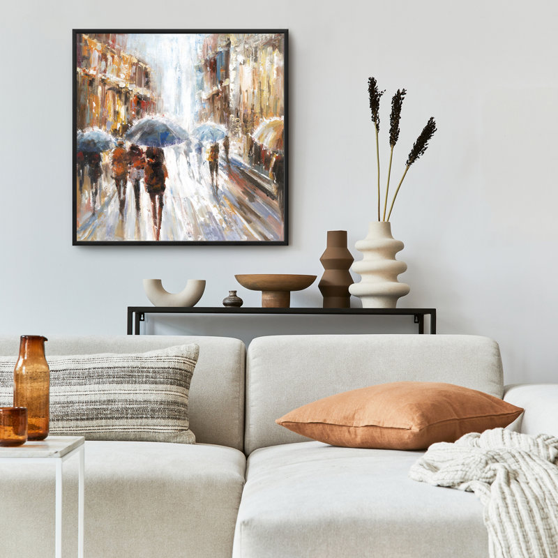 Art abstrait sur toile, "Passantsby in the City", bâtiment moderne