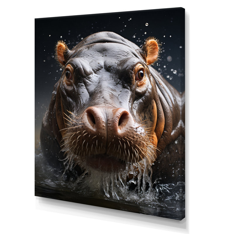 Animal Hippopotamus Selfy I - Animals Wall Art Living Room, H 32 po x l 16 po x P 1 po, Toile tendue