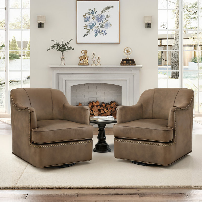 Fazio Genuine Leather Swivel Barrel Chair, Grayish Brown