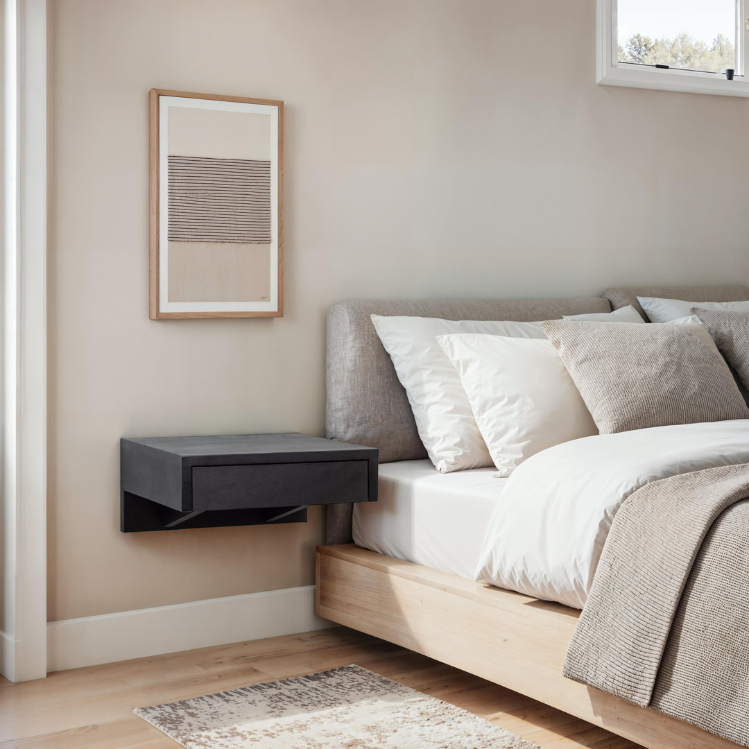 Shroyer 1 - Small Floating Dark Beech Nightstand with Drawer | Solid Wood, Elegant Bedside Table Loon Peak®