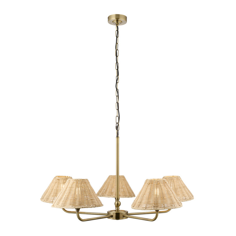 5 - Light Cluster Chandelier, Antique Brass & Natural Rattan