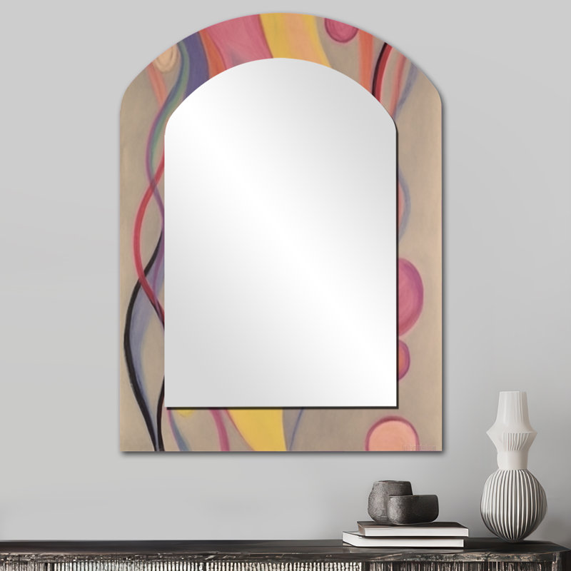 Shadow Dance Yellow & Pink Vintage Illustration - Abstract Painting Asymmetrical Decorative Wall Mirror, Modern Arch Mirror, Printed Metal Art