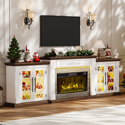 Meuble télé avec foyer Delville de 104 po, centre de divertissement avec éclairage à DEL et armoires de sortie et de rangement, grande console multimédia avec foyer électrique de 30 po, noir