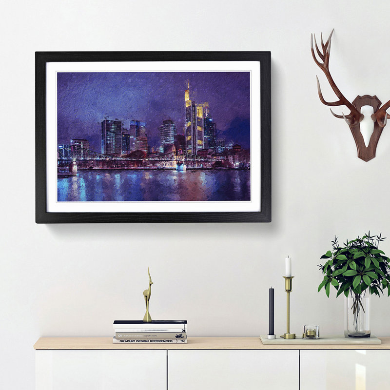 The Frankfurt Skyline in Germany at Night - Picture Frame Painting Print, Black Framed, 27cm H x 36cm W x 2cm D