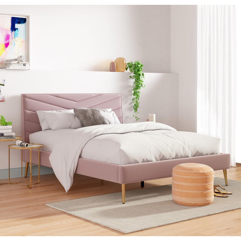 Nila Carrie Upholstered Platform Bed, Plush Tufted Velvet Headboard with Chevron Stitching, Queen, Pink