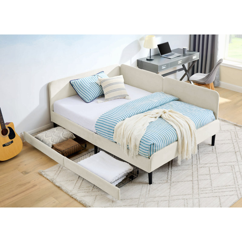 Structure de lit plateforme tapissier avec 2 tiroirs de rangement, canapé-lit réglable en velours, Double, Beige