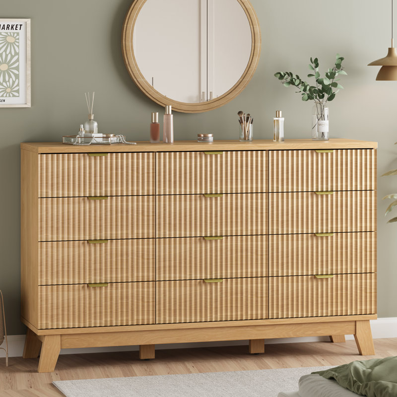 Fluted 12-Drawer Dresser for Bedroom,57"Wide Chest of Drawers With  Metal Handle，Sturdy table legs，Large Storage Dresser for Living Room