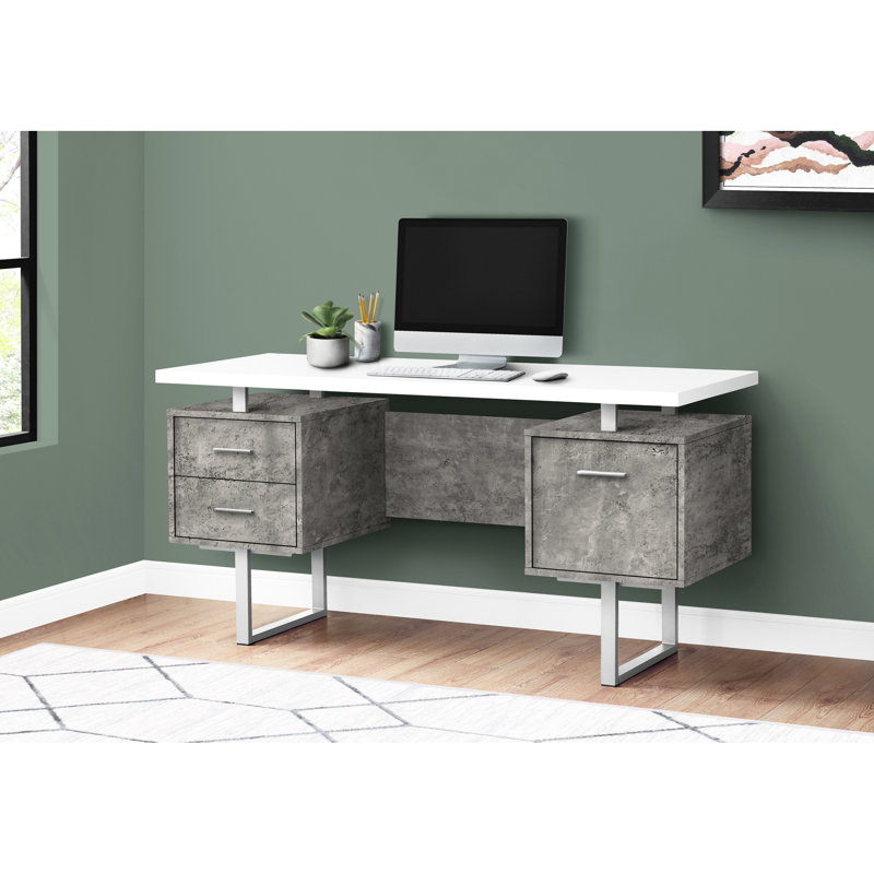 Bureau de travail de 60 po avec espace de rangement en stratifié de béton blanc et gris, base en métal, ordinateur portable contemporain de 60 po
