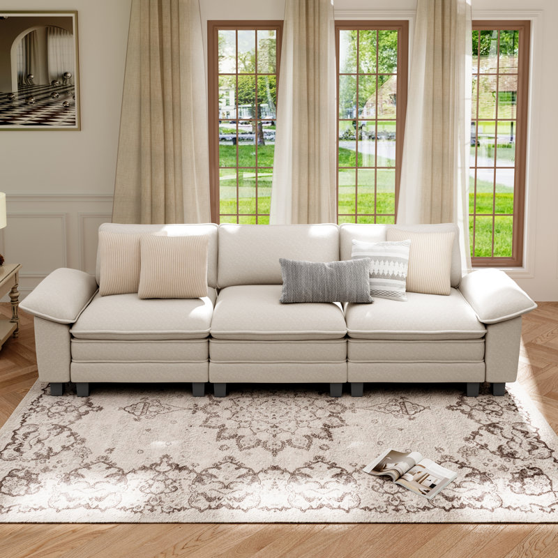 Chenille Sofa & Chaise, 3, Beige Corduroy