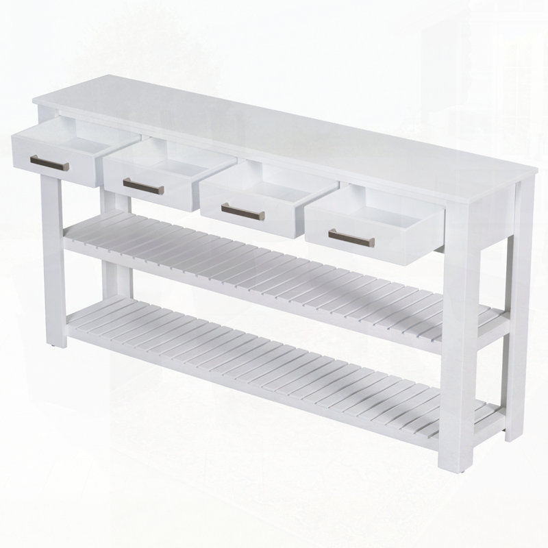 Élégante console d'entrée avec 4 tiroirs et 2 tablettes, idéale pour les décors modernes et rétro, Blanc