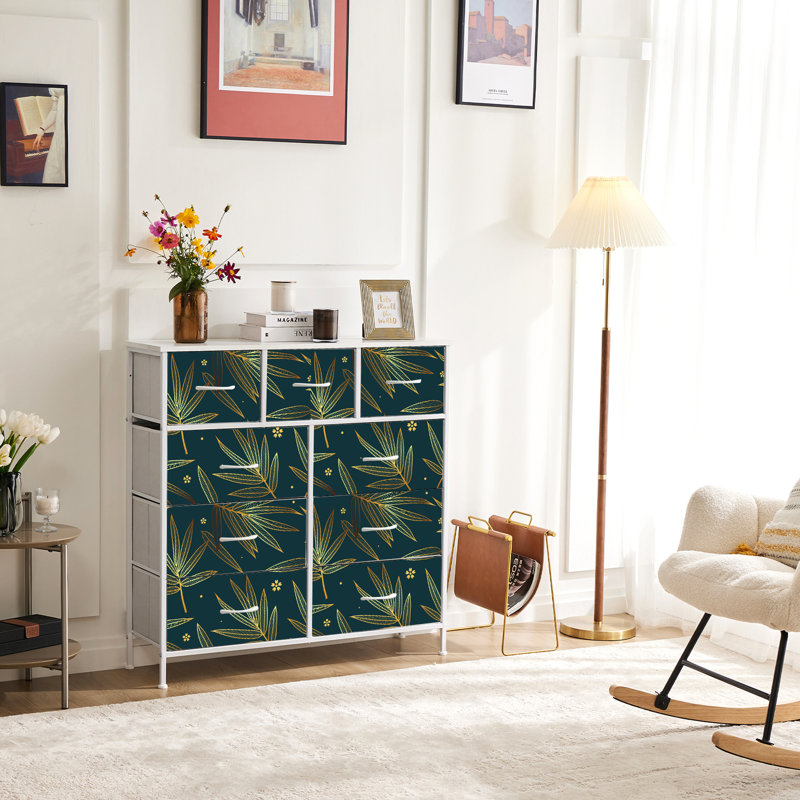 Commode avec 9 tiroirs en tissu, commode haute pour chambre à coucher, commode à grandes tiroirs pour le salon, Blanc