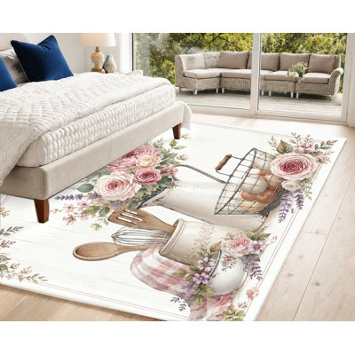 Tapis de cuisine à motif floral aquarelle, bouquet de roses roses, fouet et cuillère, antidérapant et lavable à la machine, décoration intérieure artistique pour salon, chambre, entrée, balcon