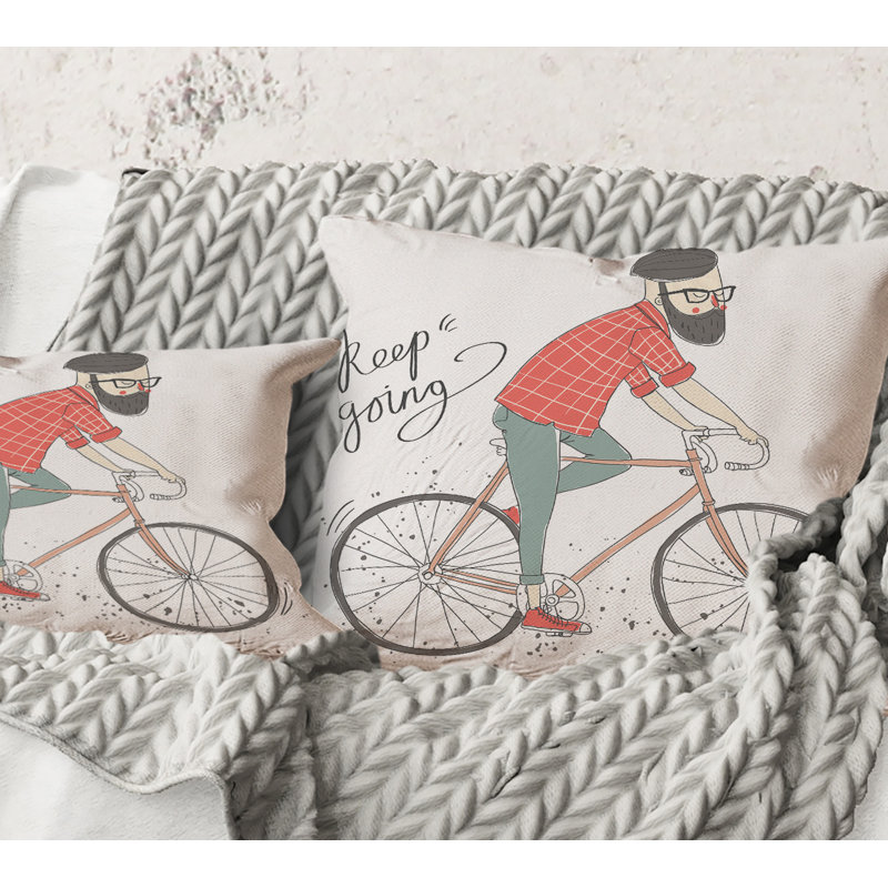 Carré, homme hipster à bicyclette - Coussin décoratif pour enfant, 18" x 18"