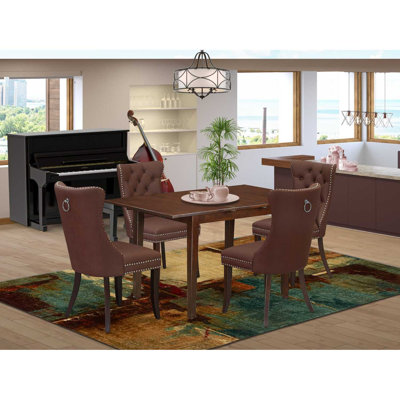 5-Piece Mahogany Finish Solid Wood Top - Rectangular Dining Room Set with Butterfly Leaf - Seats 4