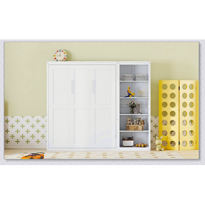 Grand lit escamotable mural avec tablettes, blanc