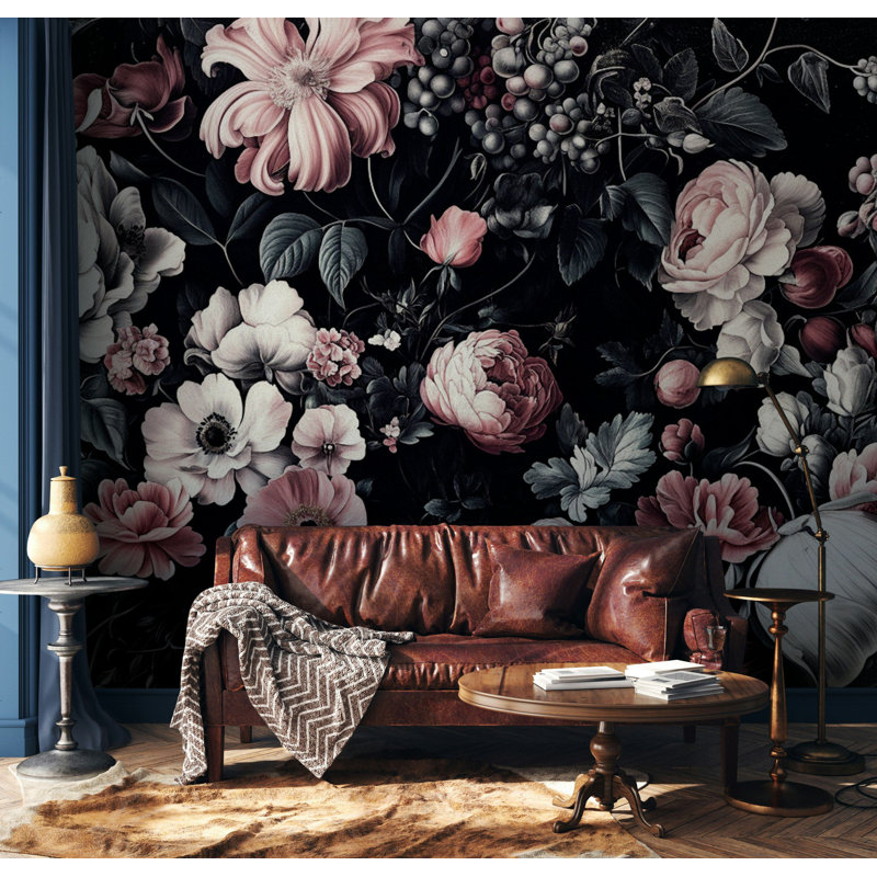 Papier peint floral rétro avec pivoines botaniques foncées, L 200 po x L 120 po