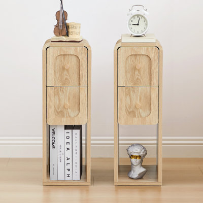Slim End Table, Narrow Nightstand With 2 Drawers And Open Storage