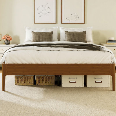 15 Inch High Solid Bamboo Platform Bed Frame with Metal Support, Modern Minimalist Wood Slat Base, No Box Spring Needed, Noise-Free, Easy Assembly