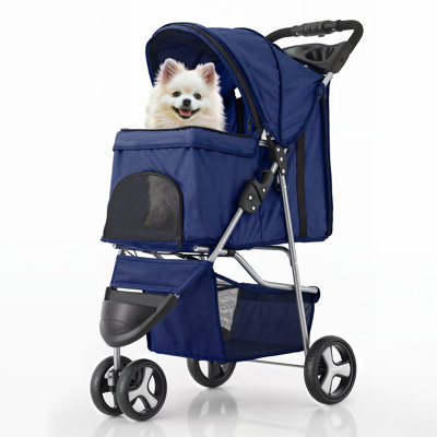 Foldable Pet Stroller, 3 Wheels Folding Carrier Jogger Stroller for Dogs Cats with Canopy and Basket