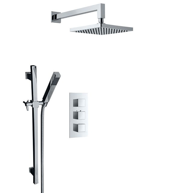 Système de douche thermostatique chromé avec pomme de pluie ultra-mince et douchette à main