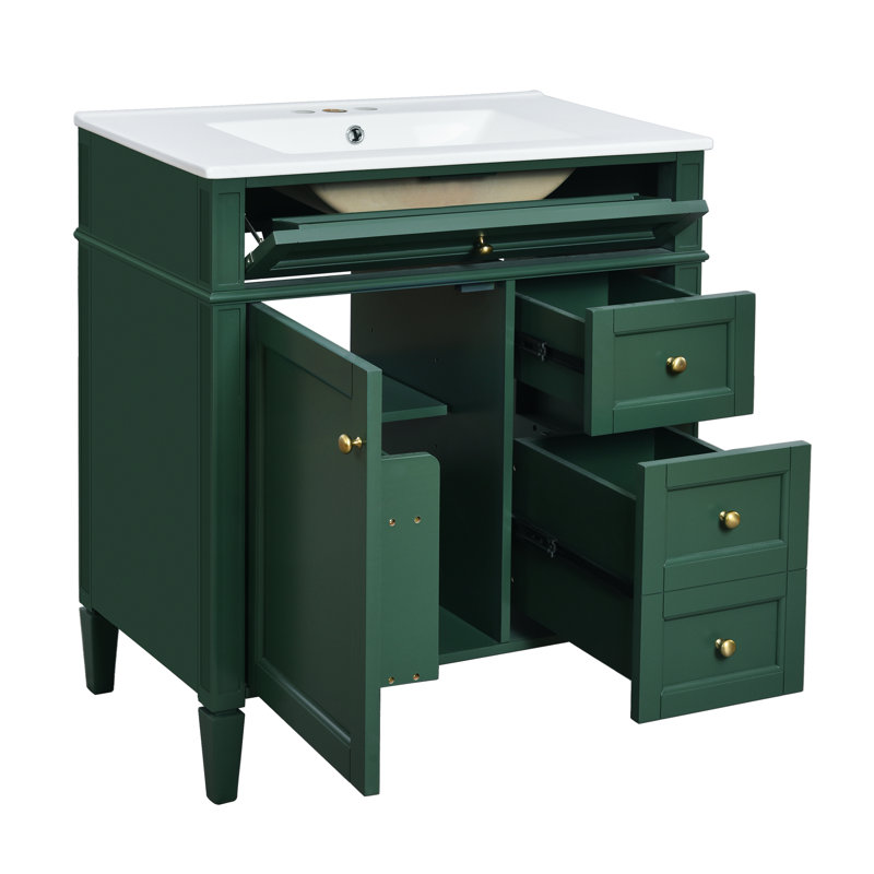 30'' Bathroom Vanity With Ceramic Sink, Modern Style, 3 Drawers, Adjustable Shelf, Cabinet Door Organizer, And Textured Handle For Organization 2 Regular Tip - Out Drawer, Smooth Metal Drawer Slides,