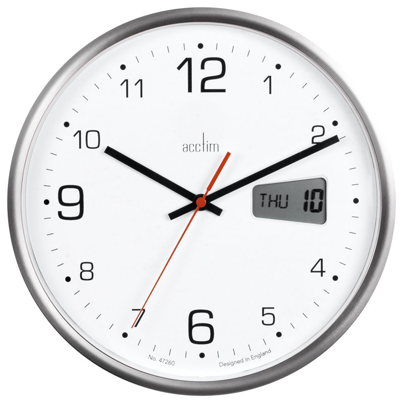 Acctim Kalendar Wall Clock Non-Ticking Sweep LCD Digital Display Energy Efficient Silver 27cm