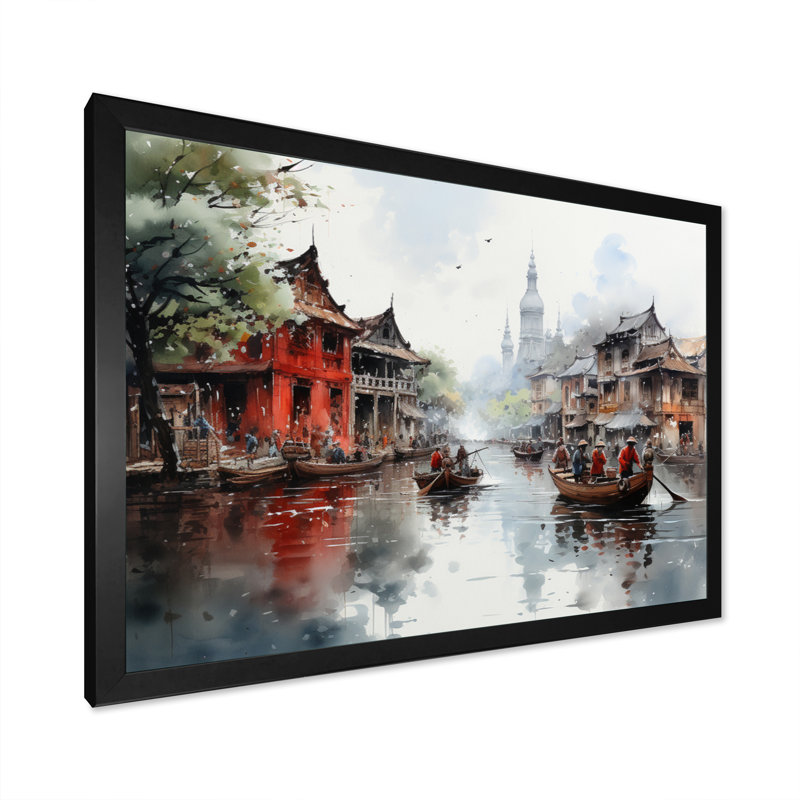 Bateaux au Vietnam, marchés flottants, reproduction d'art sur toile, H 16 po x l 32 po x P 1 po, Cadre simple noir