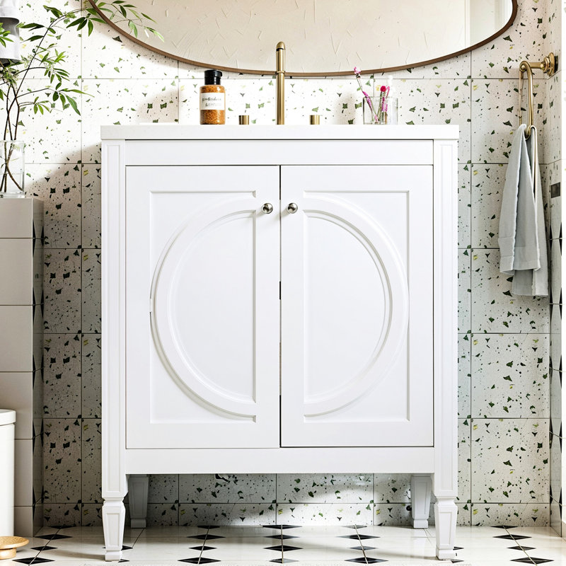 Meuble-lavabo de style rétro de 30 po en blanc, avec portes silencieuses à fermeture lente, tablette réglable, grand espace de rangement, trous de robinet pré-percés, protection contre le débordement blanc moderne avec lavabo en céramique,