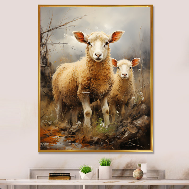 «Beige Sheep Rustic Ruminations II», reproduction d'art sur toile, H 32 po x l 16 po x P 1 po, Cadre flottant doré