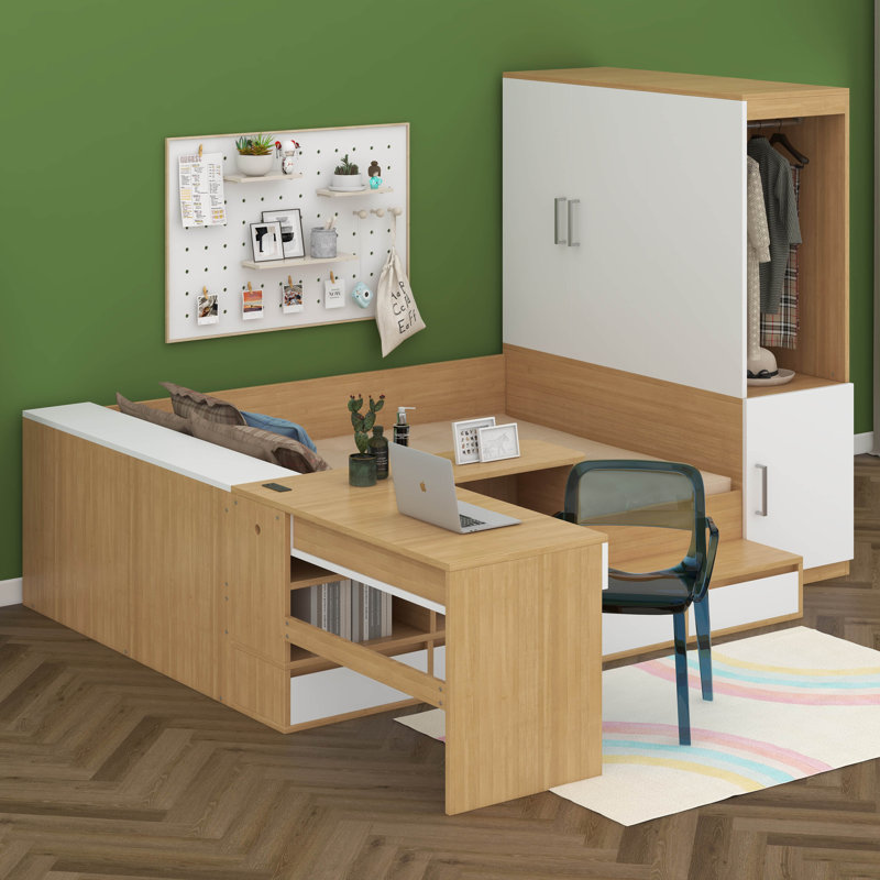 Lit plateforme double avec 6 tiroirs de rangement, lit de jour en bois avec bureau, draps et garde-robe, Naturel