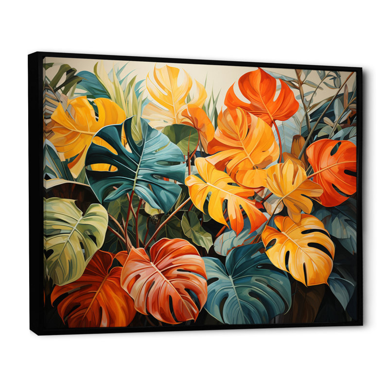 Orange, vert, plantes tropicales III, Cadre flottant noir, H 34 po x l 44 po x P 1,5 po