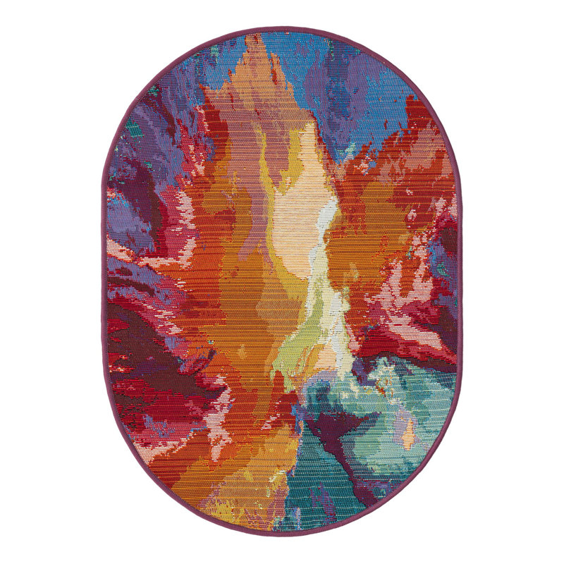 Azaleea Power Loomed Polypropylene Outdoor Are Rug in Blue/Red/Orange, Oval 2'2" x 3'1"