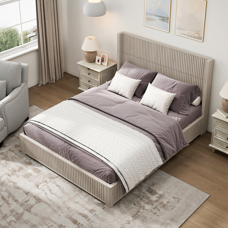 Structure de lit plateforme en bois, aucun sommier nécessaire, Beige, Queen