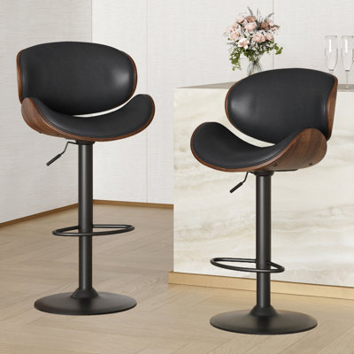 Ensemble de 2 tabourets de bar pivotants en bois cintré à hauteur réglable avec siège, dossier et repose-pieds en similicuir, comptoirs de cuisine modernes pour bar, salle à manger