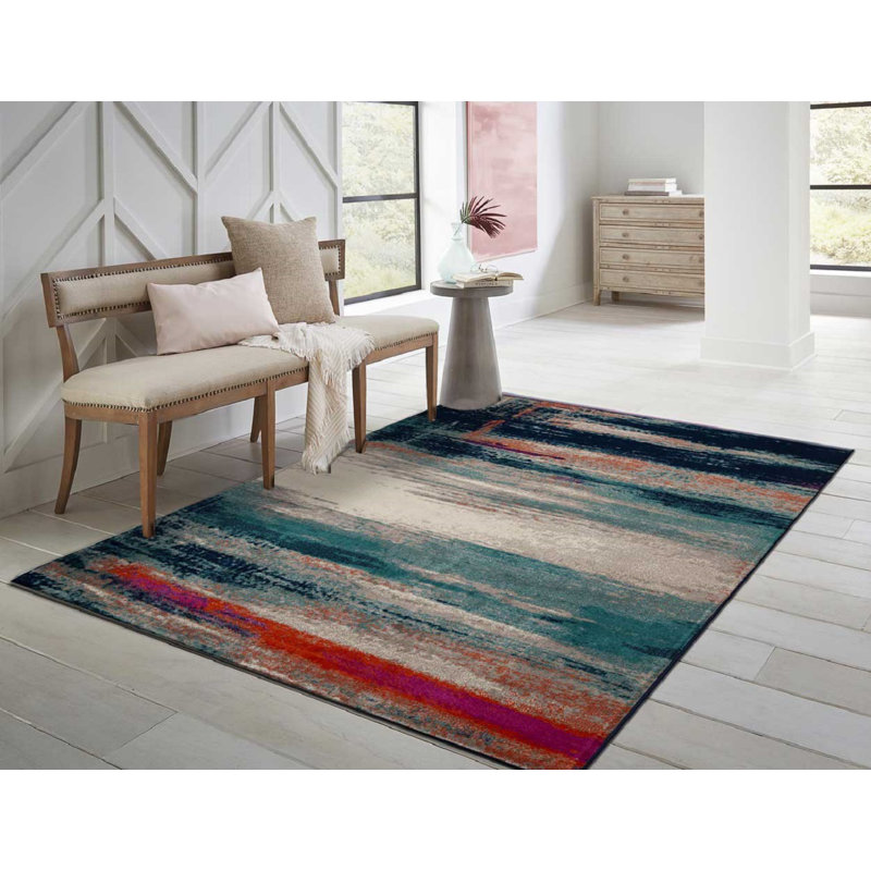 Tapis intérieur / extérieur bleu / beige en laine Abstract, 5'x8'