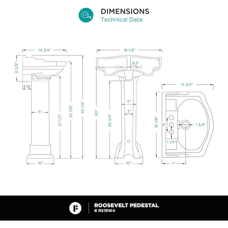 Roosevelt 27.5" Tall Vitreous China Oval Pedestal Bathroom Sink with Overflow, 34.25" H x 14.75" W x 18.13" L, 4" Centers