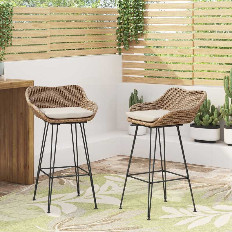 29.25" Outdoor Wicker and Iron Low Back Barstools Set of 2