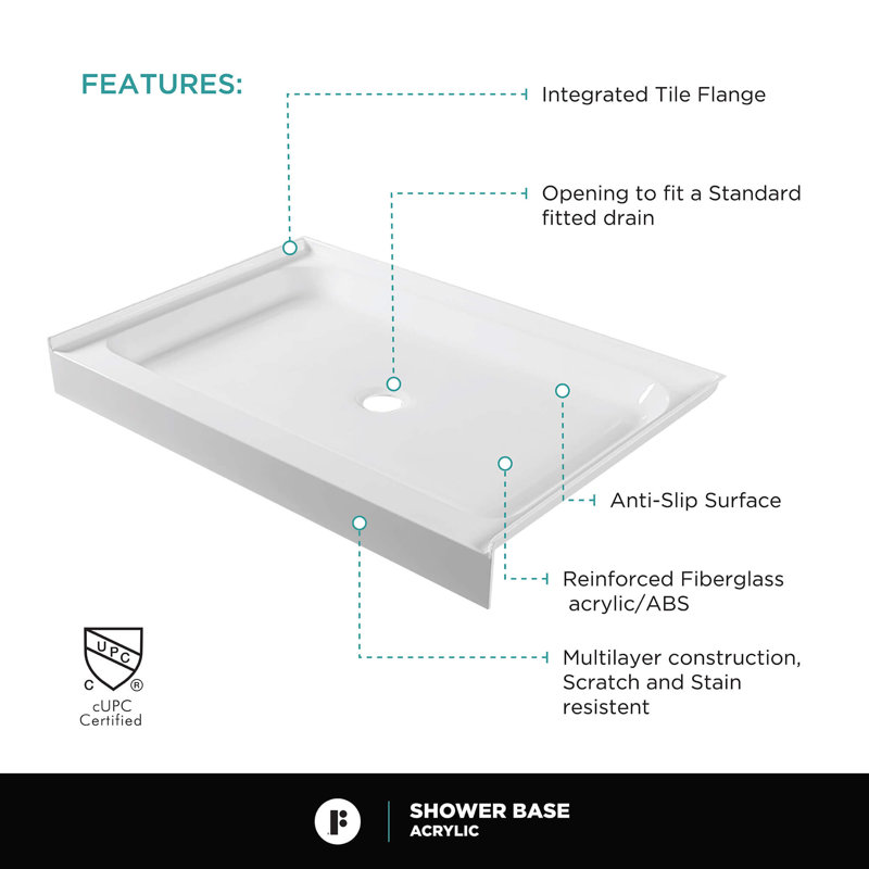Glossy White Acrylic 42" x 32" Single Threshold Shower Base