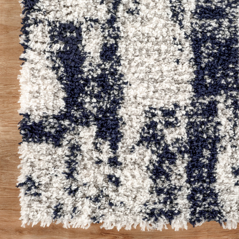 Moss Ivory & Blue Abstract Shag Modern Rug, Ivory/Blue, 4'10" x 8'0"
